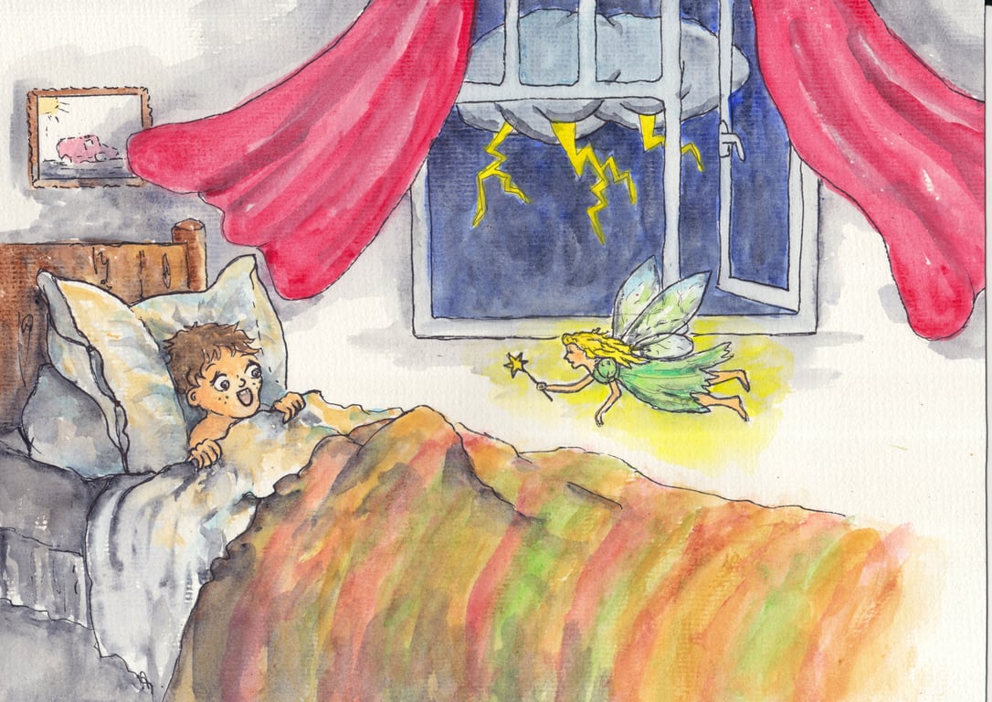 Child surprised by a fairy and lightning flash Original Watercolour Painting 