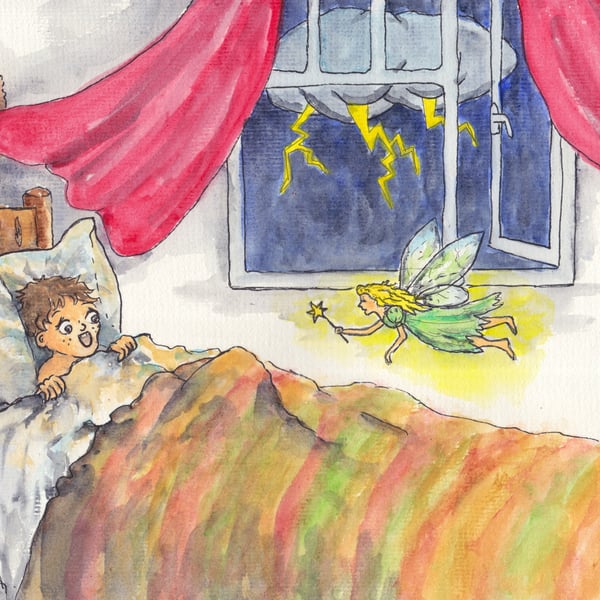 Child surprised by a fairy and lightning flash Original Watercolour Painting 