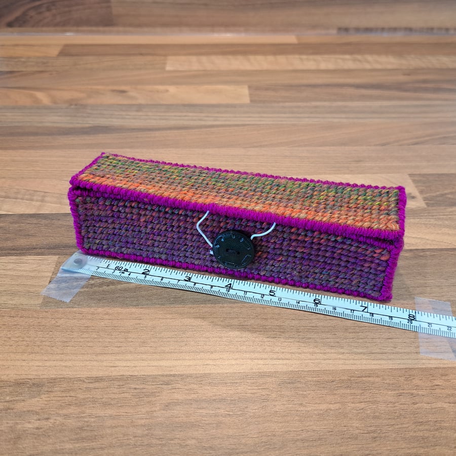 Pencil case with lid and button closure - autumnal colours with magenta edging
