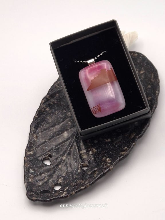 Bamburgh Castle on Pink, Fused Glass Pendant with Sterling Silver Findings