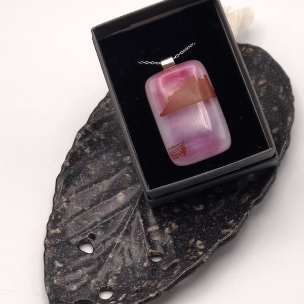 Bamburgh Castle on Pink, Fused Glass Pendant with Sterling Silver Findings