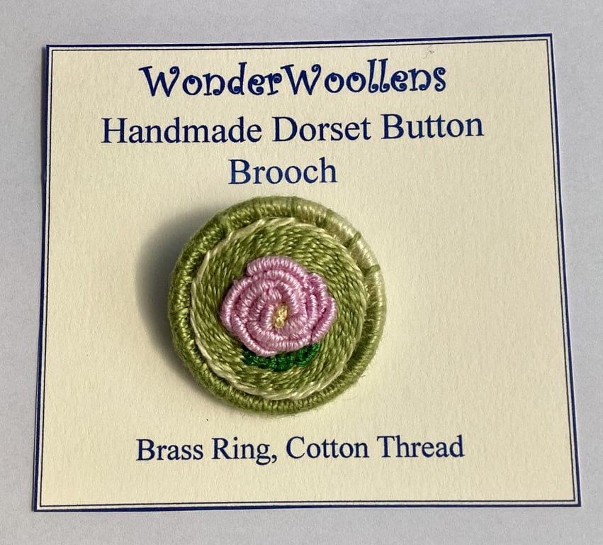 Pink Rose Flower Dorset Button Brooch or Pin, 3.5cm, Cotton Thread, Brass Ring