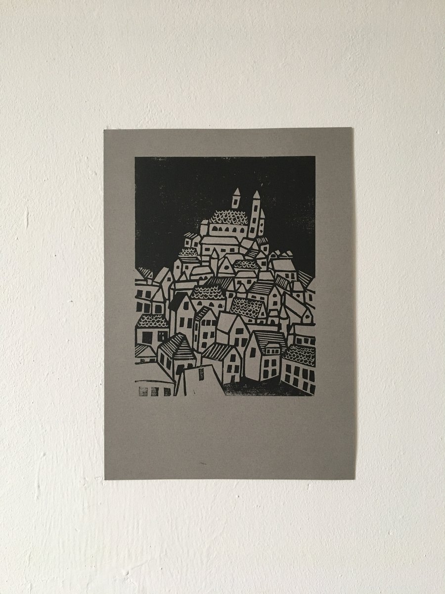  Handmade limited edition linocut print on grey paper, Mountain City 