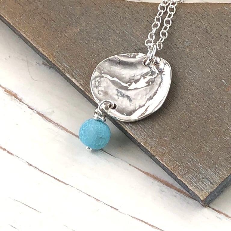 Sterling Silver Pendant with Pale Blue Agate Bead Drop