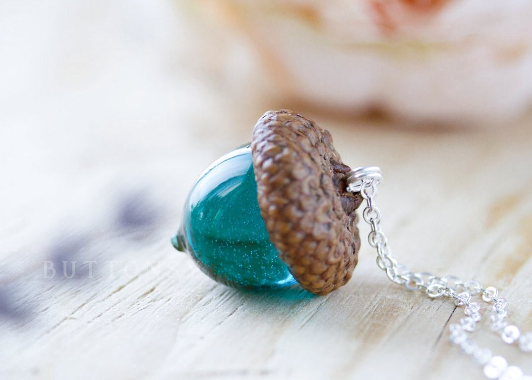 Acorn Necklace Teal Real Flower Jewelry Gifts for Her Acorn Jewelry Resin Neckla