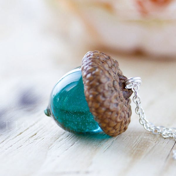 Acorn Necklace Teal Real Flower Jewelry Gifts for Her Acorn Jewelry Resin Neckla