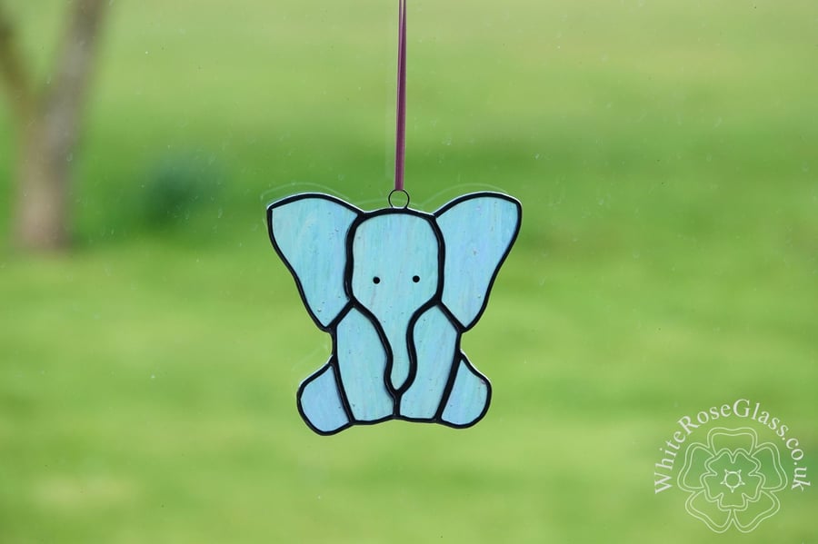 Stained Glass Pearl White Sitting Baby Elephant Suncatcher