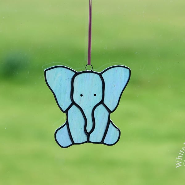 Stained Glass Pearl White Sitting Baby Elephant Suncatcher