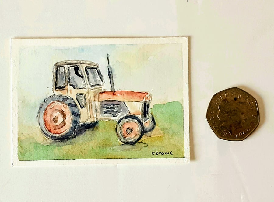 Original ACEO miniature watercolour  painting Rusting Tractor 89 mm x 64 mm