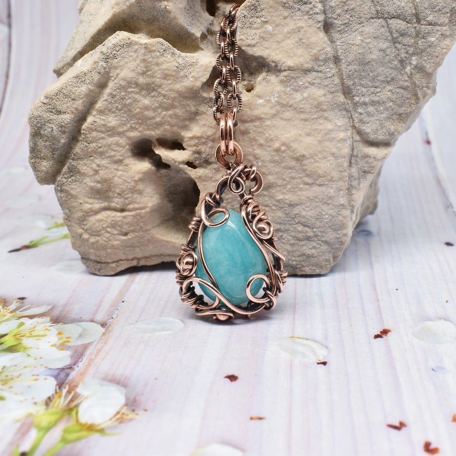 Amazonite and Copper Wire Wrapped Pendant