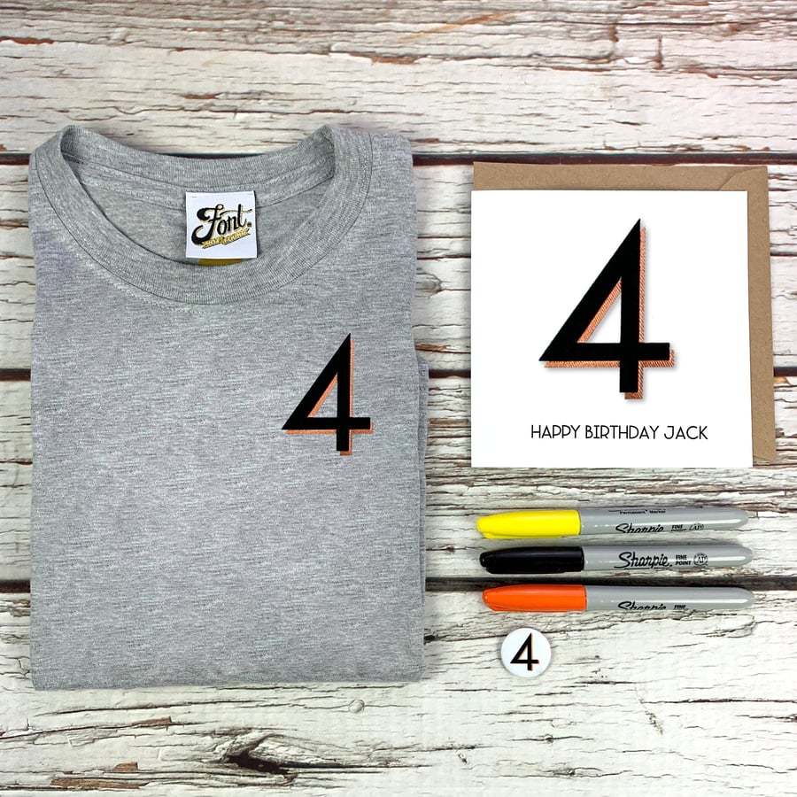 Any numberletter -Children's Birthday Package T-Shirt, card & badge bundle. Pers