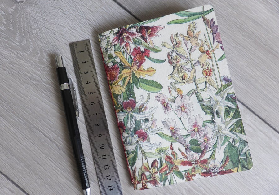 Small hand bound A6 notebook journal sketchbook with floral patterned cover