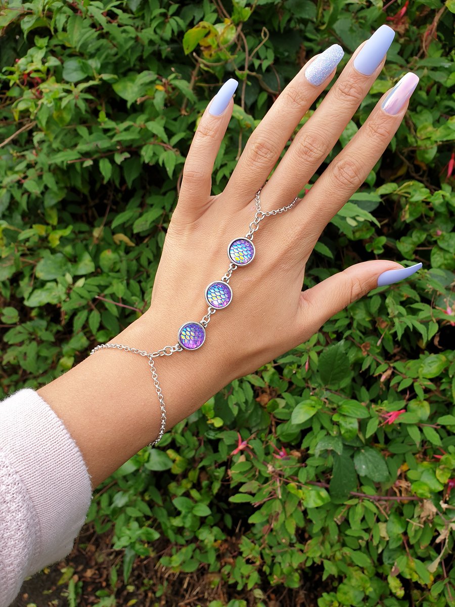 Handmade holographic iridescent mermaid scale silver chain hand bracelet