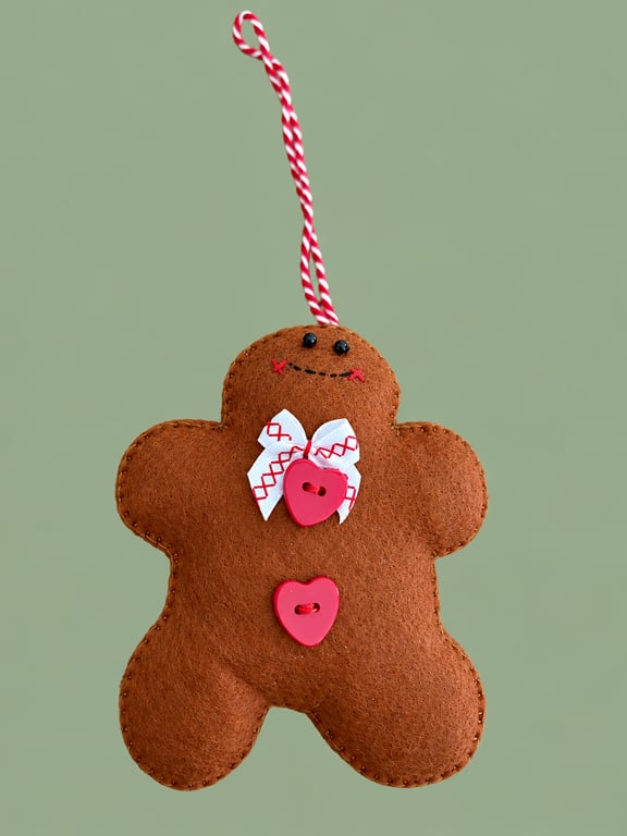 Handmade Felt Gingerbread Christmas Decoration – Red Hearts & Nordic-Style Bow