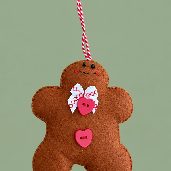 Handmade Felt Gingerbread Christmas Decoration – Red Hearts & Nordic-Style Bow