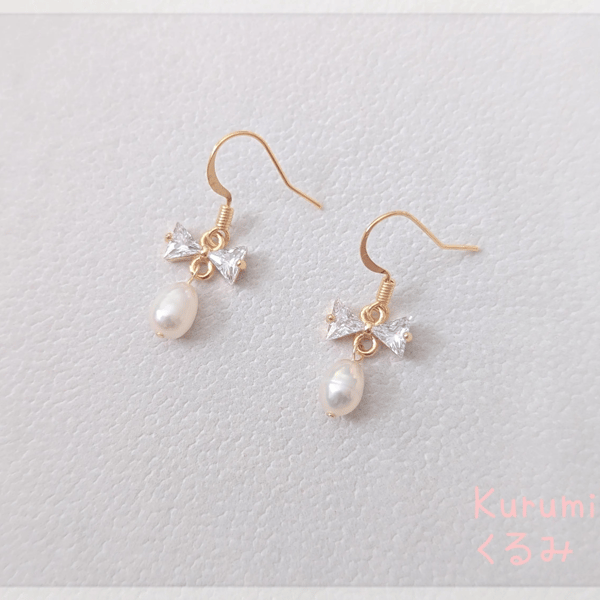 14K Gold filled Bow rhinestone freshwater pearls dangle earring