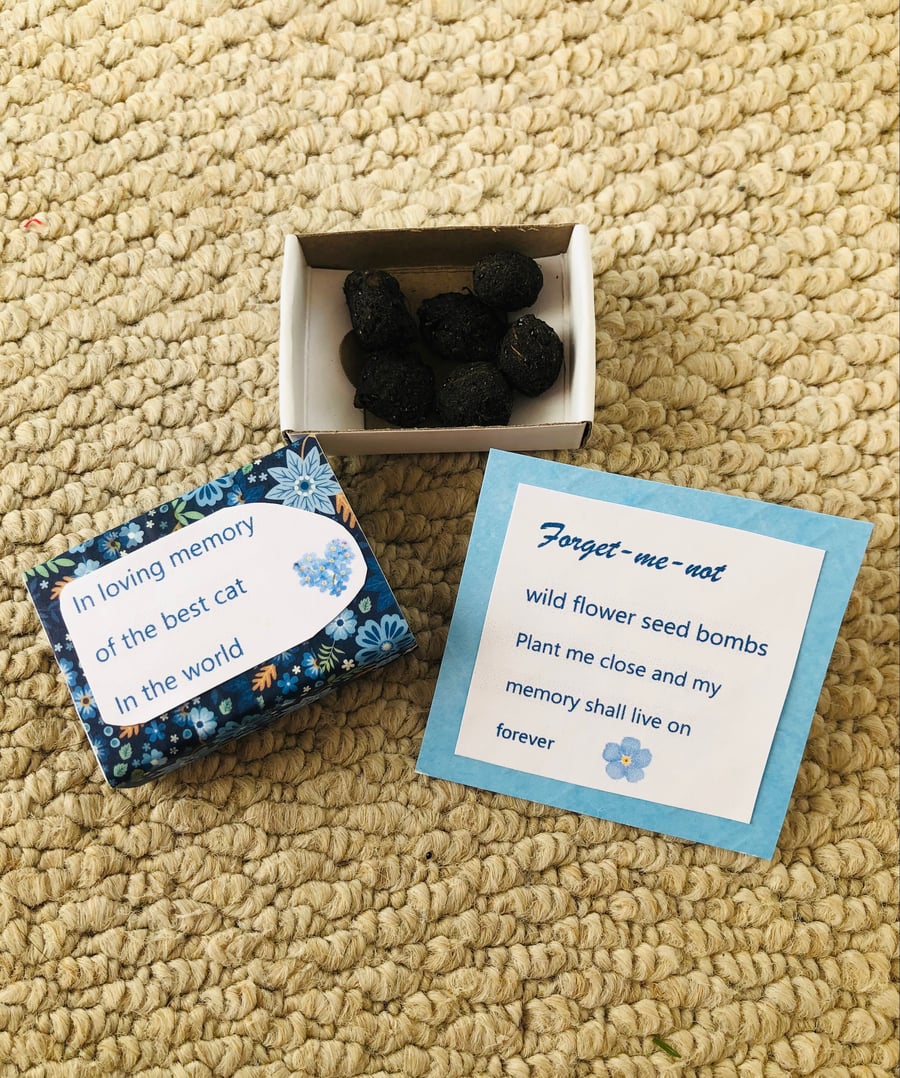 Pet Memorial Cat Bereavement Sympathy Forget-me-not seed bombs matchbox