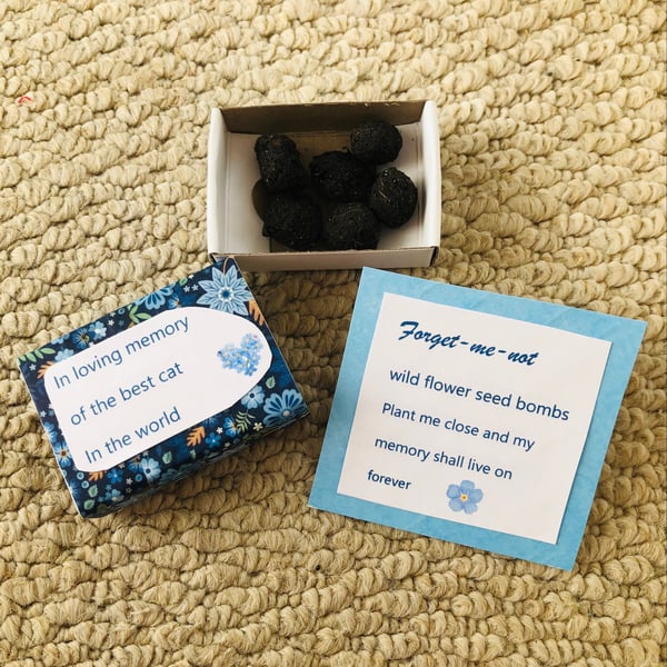 Pet Memorial Cat Bereavement Sympathy Forget-me-not seed bombs matchbox