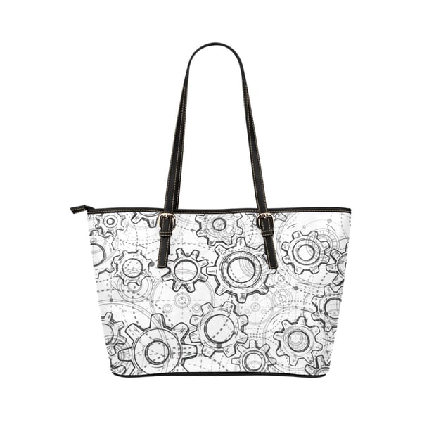 Machine Cogs Artistic Doodle Inspired PU Leather Tote Bag.