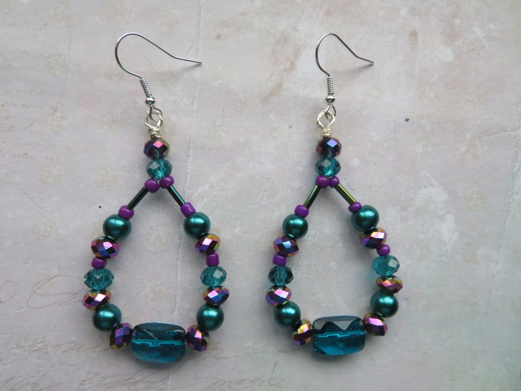 Pretty Teal Blue & Purple Crystal Beaded Wired Loop Retro Earrings