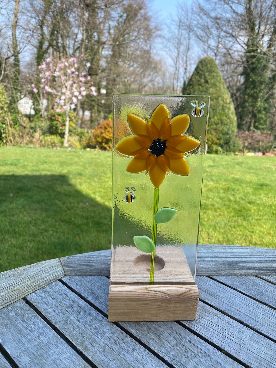 Sunflower fused glass art  panel , candle holder
