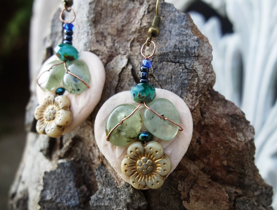 Handmade natural earrings, beads and clay, wired, flower and heart, gift for Her