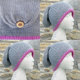 Slouchy. Knitted Hat. Beanie. Woolly Hat. Woollen Hat. Grey Hat. Pink Hat. 