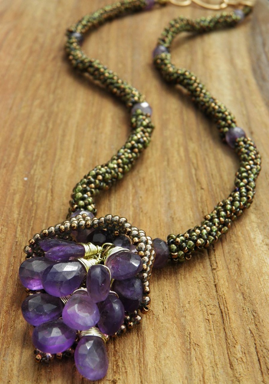 Lavender Harvest - Amethyst, Copper and Beadwork Necklace with Swarovski Crystal