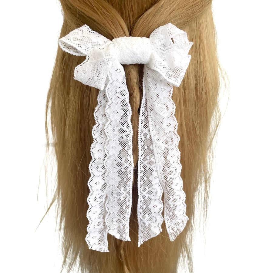 White Lace Ribbon Bridal Wedding Hair Bow Clip Bachelor Party Bride Oversized 