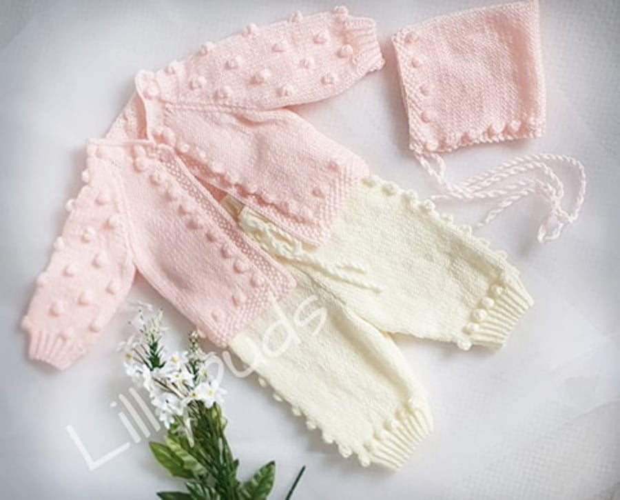 Knitting pattern. Meliza baby knitting pattern. Bobble cardigan
