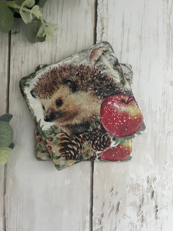 Slate Coasters Set of 2 - Decoupage Hedgehog, Kitchen, Gift Idea, Upcycled