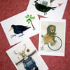 Postcard Set Four Animal postcards 4x6 featuring Lion, Deer, Raven and Partridge