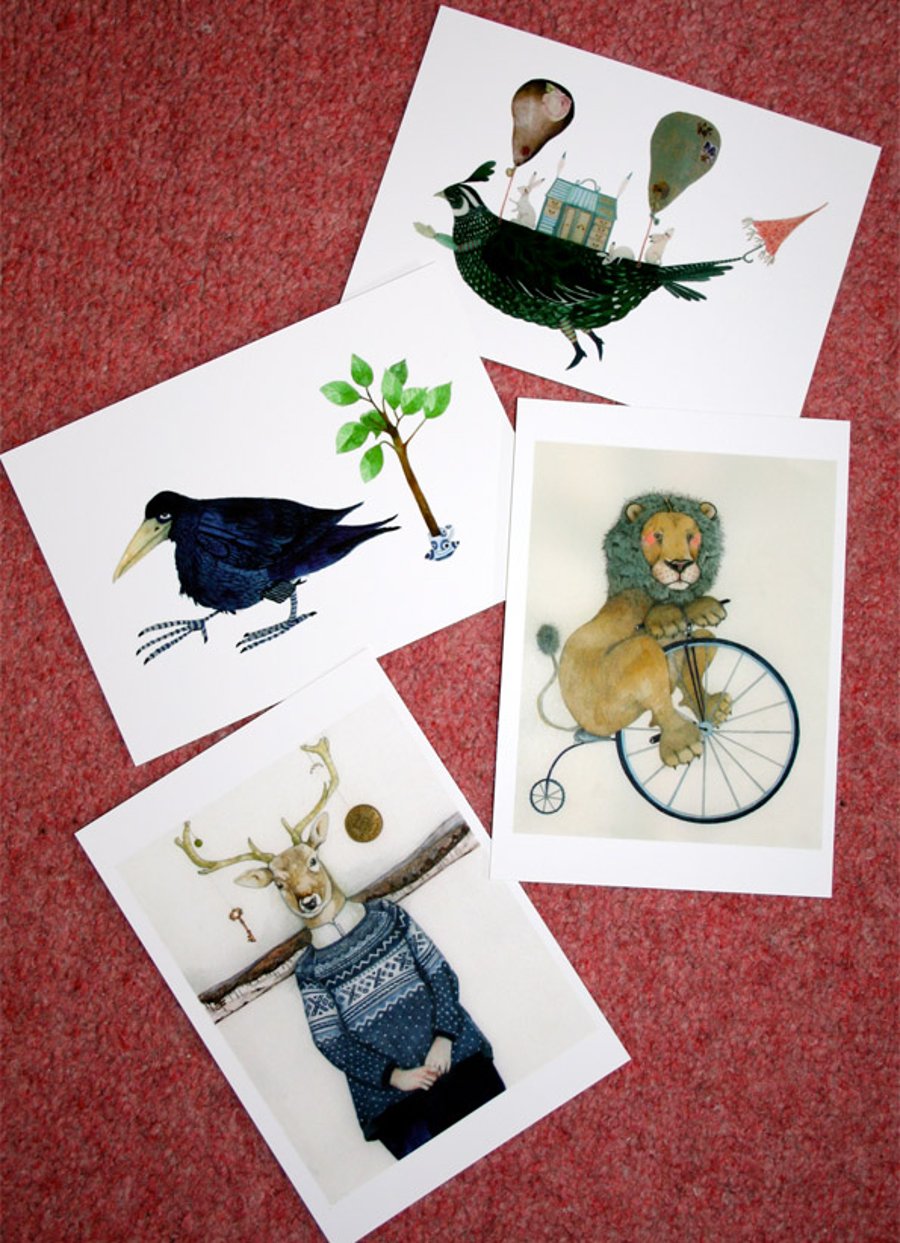 Postcard Set Four Animal postcards 4x6 featuring Lion, Deer, Raven and Partridge