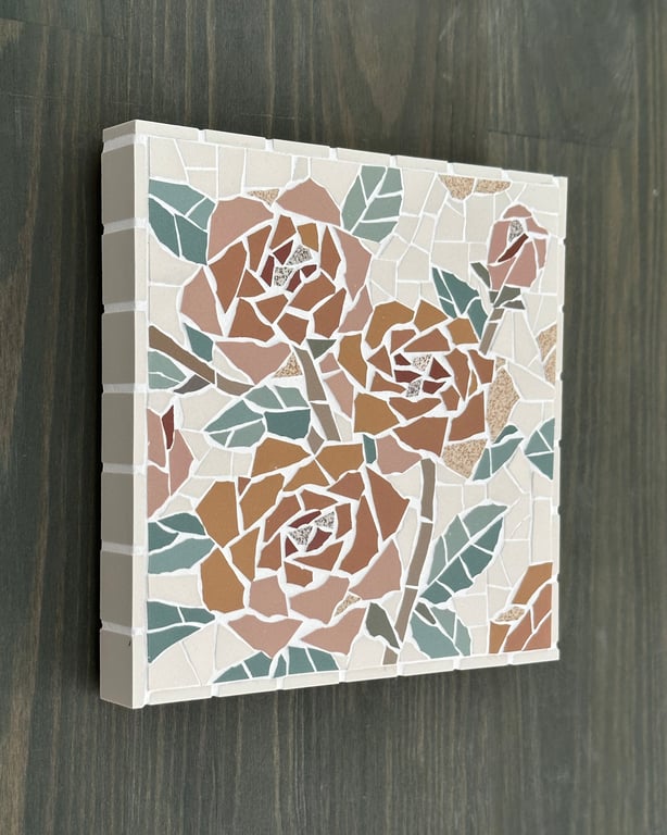 Summer Seconds - Mosaic Floral Art - Orange Rose Mosaic Wall Plaque in White