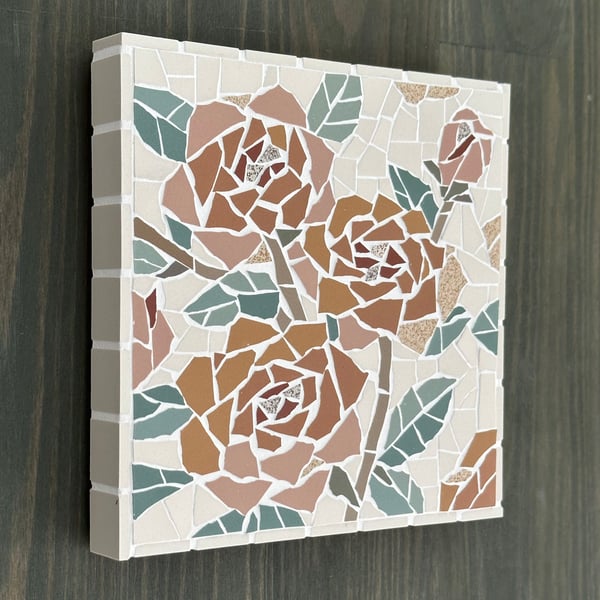 Summer Seconds - Mosaic Floral Art - Orange Rose Mosaic Wall Plaque in White