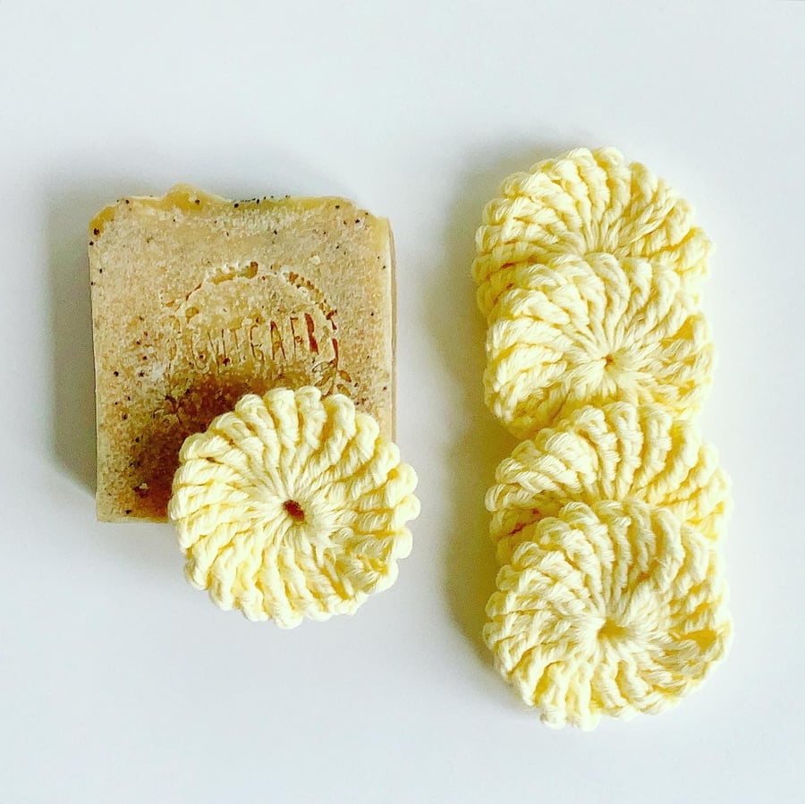Crochet face scrubbies, pack of five, yellow organic cotton pads