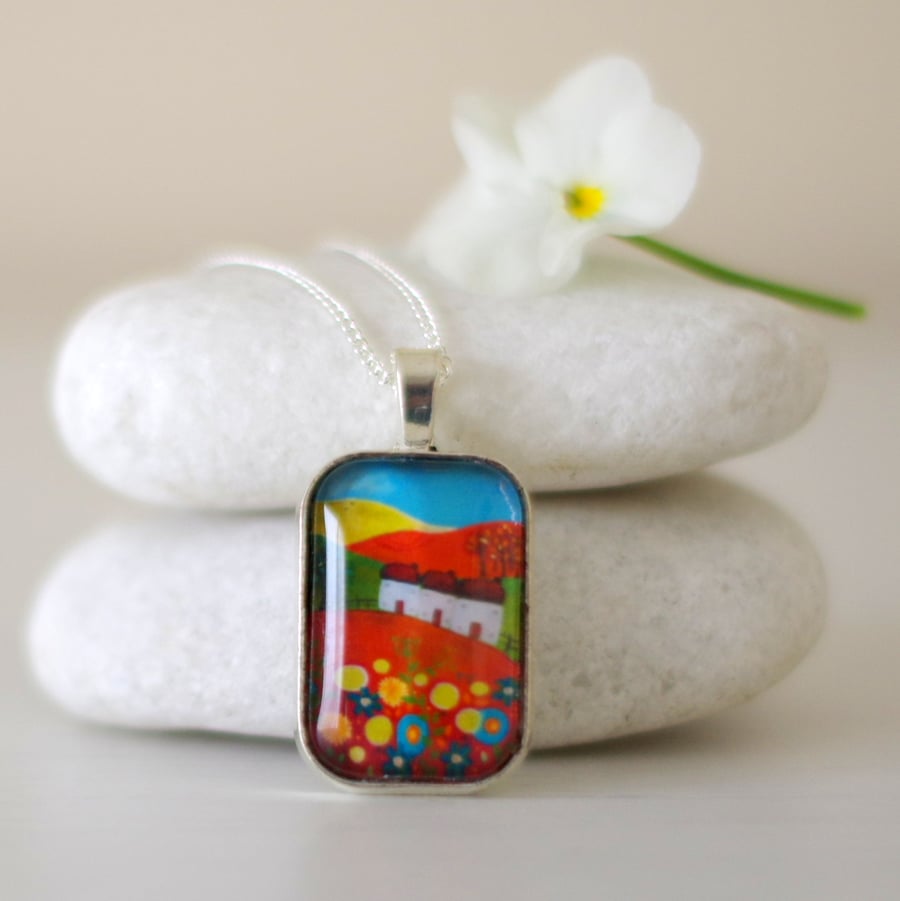 Red Pendant Necklace with Landscape Art Print
