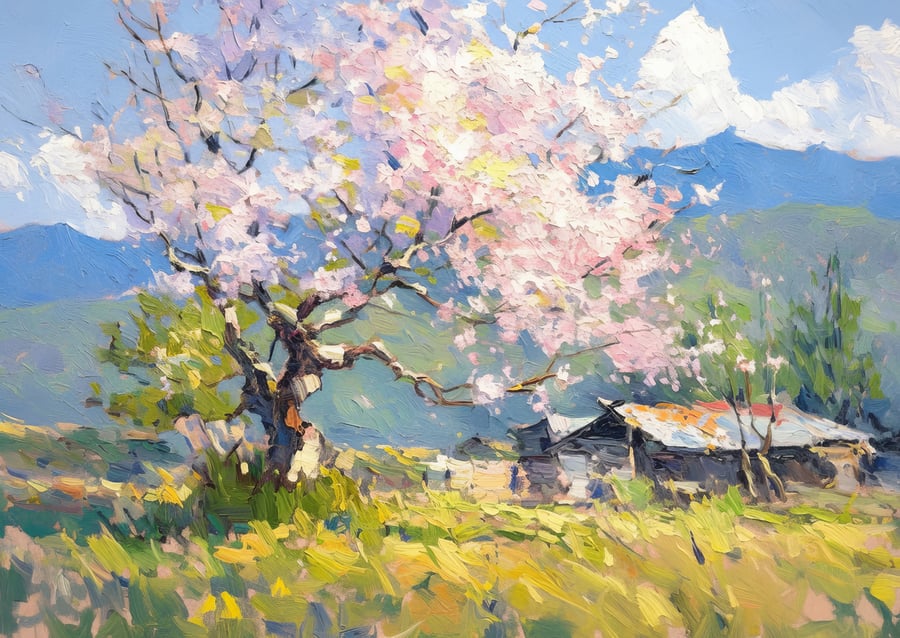 Blossoming Spring Tree 5"x7" Print on Matte Paper, Idyllic Countryside Painting