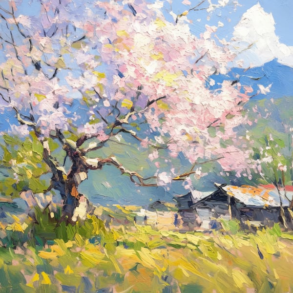 Blossoming Spring Tree 5"x7" Print on Matte Paper, Idyllic Countryside Painting