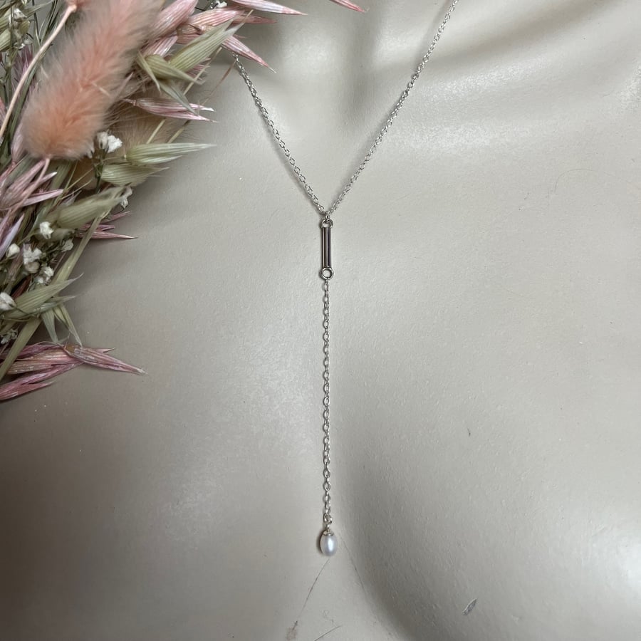 Rice Pearl Bar Drop Pendant & 18" Trace Chain- Handmade