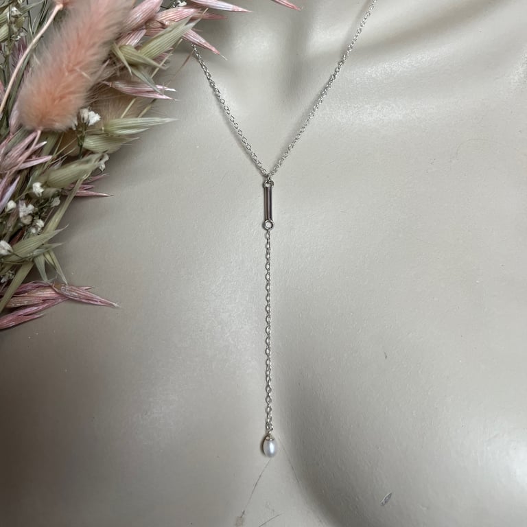 Rice Pearl Bar Drop Pendant & 18" Trace Chain- Handmade