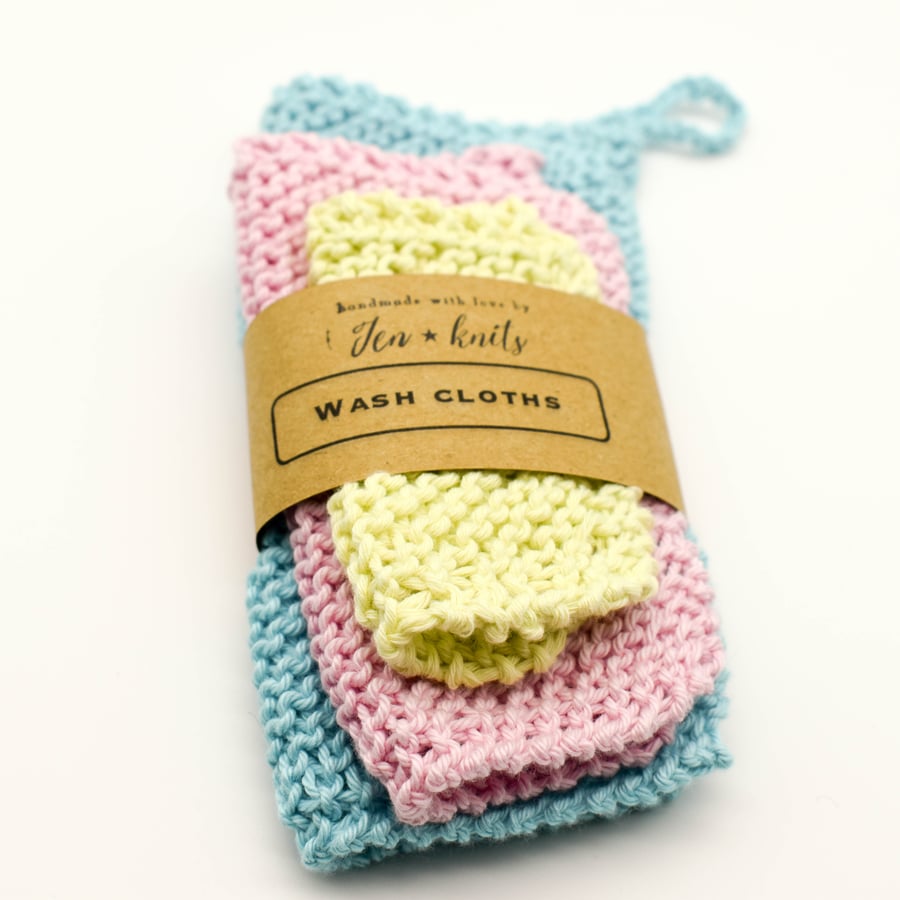 SOLD Hand knitted cotton wash cloths 3 pack - S, M & L- Pink, yellow and blue