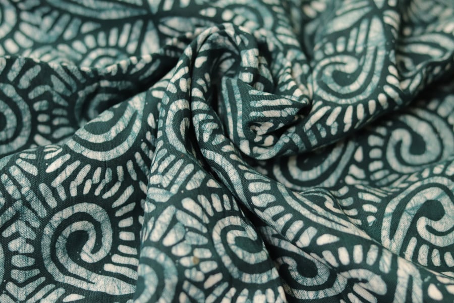 Green handmade Nigerian batik fabric,  hand printed crepe adire batik fabric