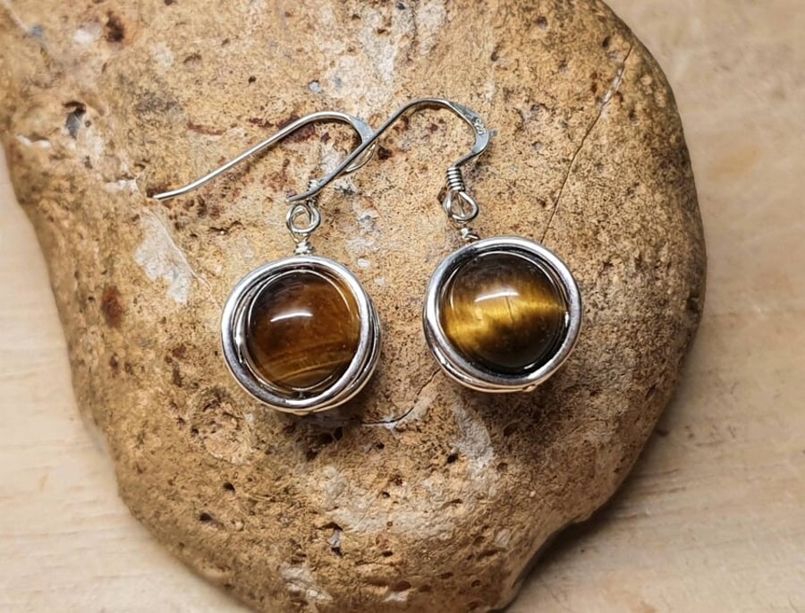Tigers eye earrings. Golden brown Sterling silver circle, Capricorn jewellery