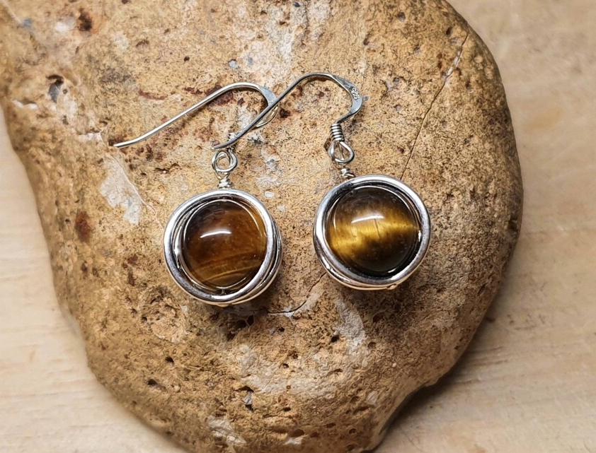 Tigers eye earrings. Golden brown Sterling silver circle, Capricorn jewellery