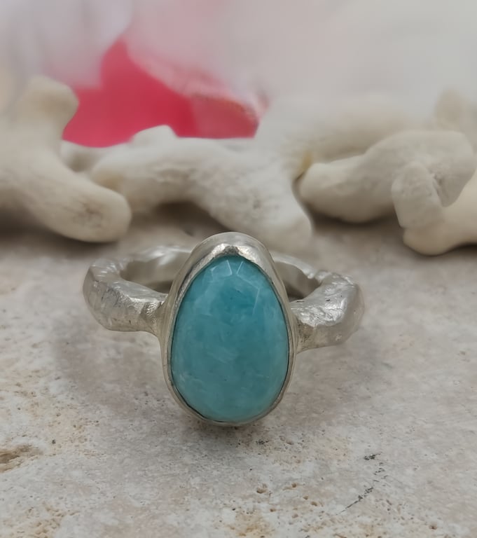 Hand-Forged Sterling Silver Amazonite Ring: Molten Texture