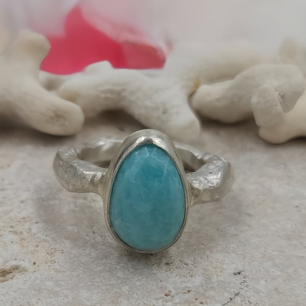 Hand-Forged Sterling Silver Amazonite Ring: Molten Texture
