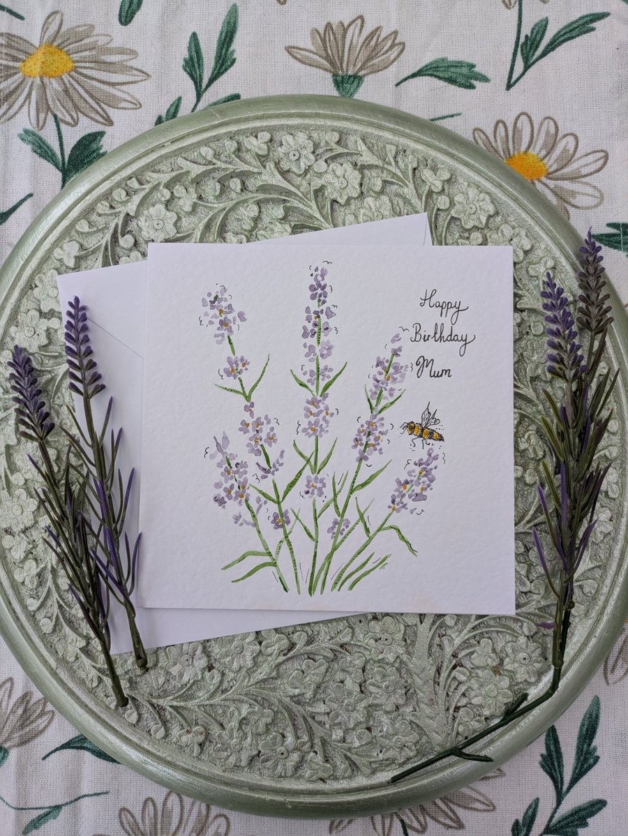 Lavender and Bee hand-painted "Mum" Birthday card 