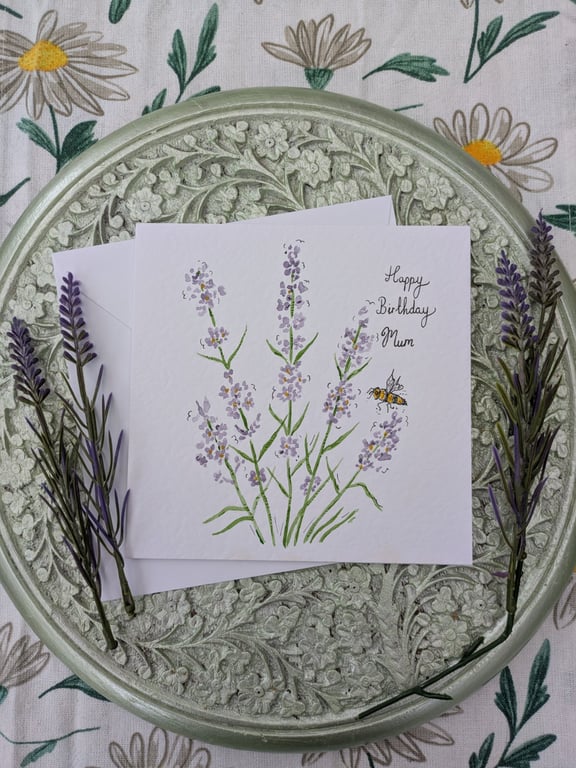 Lavender and Bee hand-painted "Mum" Birthday card 