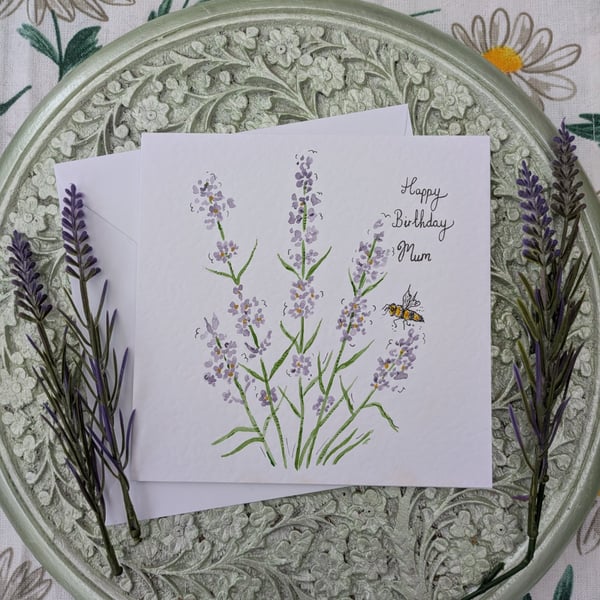 Lavender and Bee hand-painted "Mum" Birthday card 